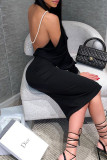 White Elegant Solid Patchwork Backless Pearl One Step Skirt Dresses