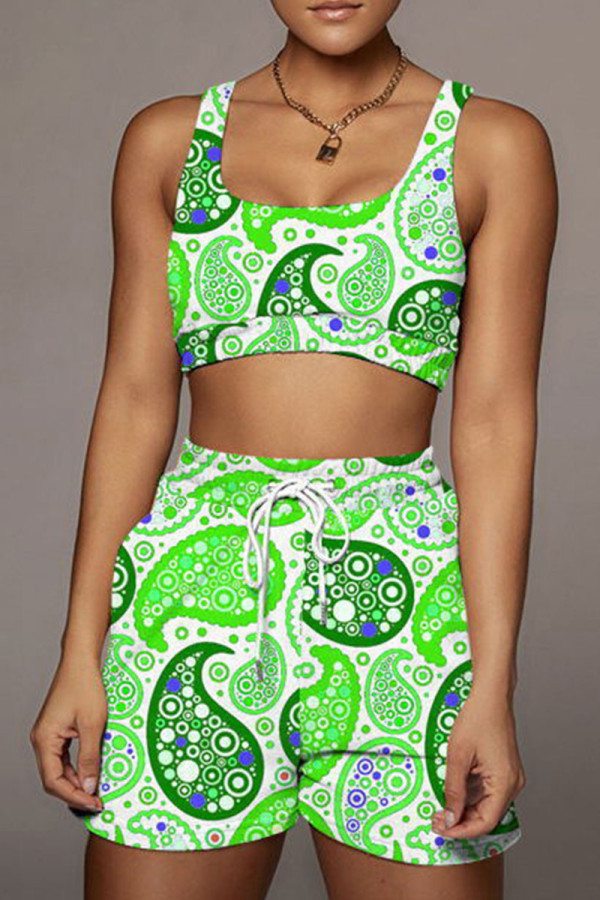 Fluorescent Green Casual Print Patchwork U Neck Two Pieces