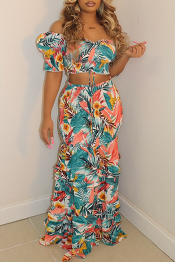 Multicolor Fashion Sexy Print Draw String Frenulum Backless Off the Shoulder Short Sleeve Two Pieces