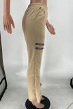 Grey Casual Street Solid Hollowed Out Patchwork Zipper Boot Cut High Waist Speaker Solid Color Bottoms