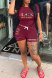Red Fashion Casual Letter Print Ripped O Neck Short Sleeve Two Pieces