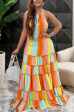 Rainbow Color Sexy Print Patchwork Backless Halter A Line Dresses