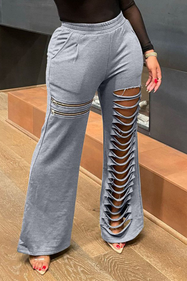 Grey Casual Street Solid Hollowed Out Patchwork Zipper Boot Cut High Waist Speaker Solid Color Bottoms