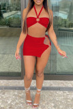 Red Fashion Sexy Solid Hollowed Out Split Joint Backless Strapless Sleeveless Two Pieces