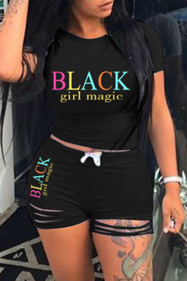Black Fashion Casual Letter Print Ripped O Neck Short Sleeve Two Pieces