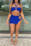Blue Fashion Sexy Solid Hollowed Out Split Joint Backless Strapless Sleeveless Two Pieces