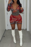 Red Sexy Print Patchwork Hooded Collar One Step Skirt Dresses