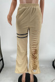 Grey Casual Street Solid Hollowed Out Patchwork Zipper Boot Cut High Waist Speaker Solid Color Bottoms
