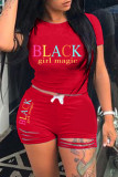 Red Fashion Casual Letter Print Ripped O Neck Short Sleeve Two Pieces