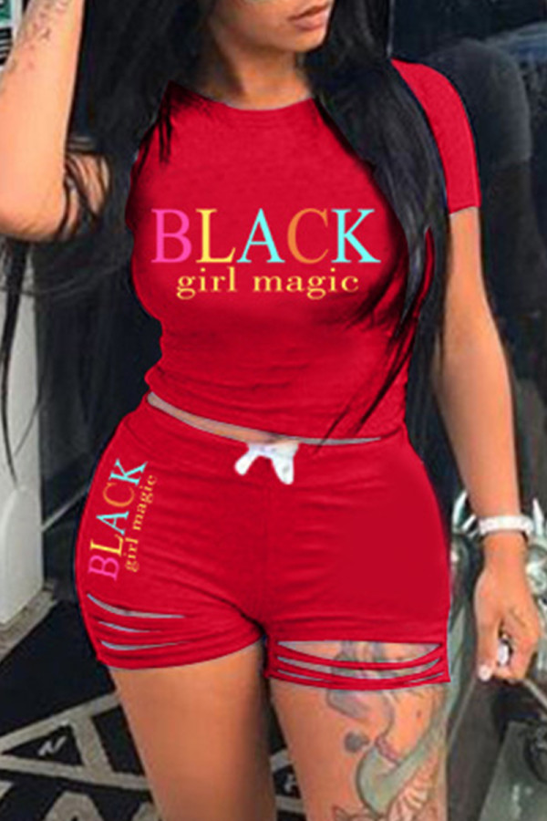 Red Fashion Casual Letter Print Ripped O Neck Short Sleeve Two Pieces