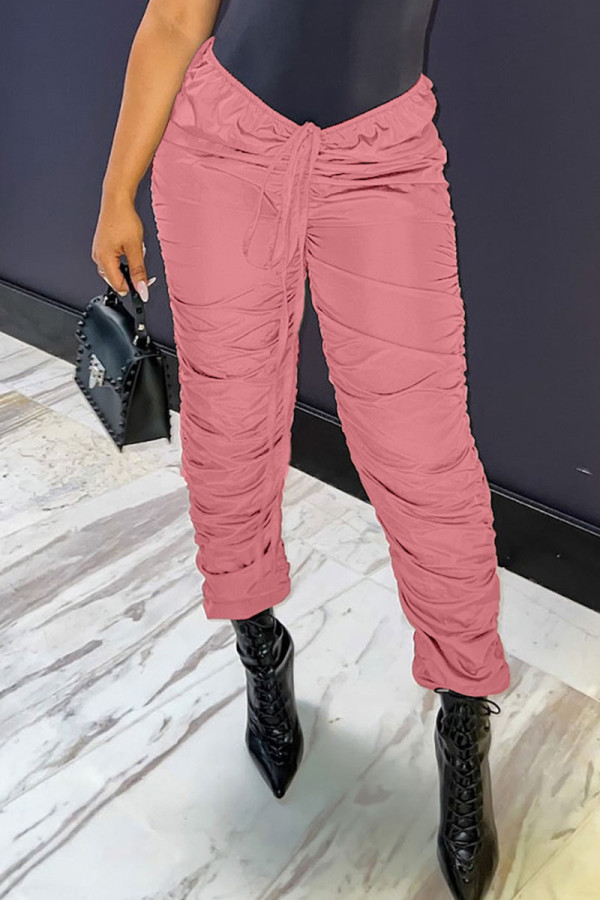Pink Casual Street Solid Patchwork Fold Regular Mid Waist Pencil Solid Color Bottoms