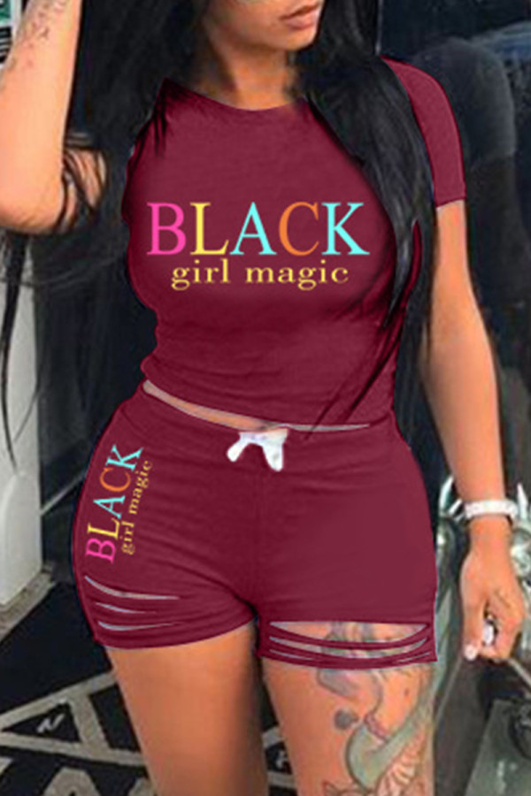 Burgundy Fashion Casual Letter Print Ripped O Neck Short Sleeve Two Pieces