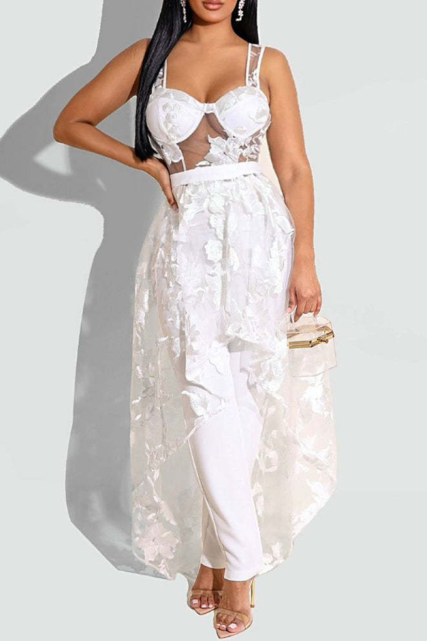 White Casual Solid Lace Spaghetti Strap Sleeveless Two Pieces