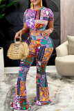 Purple Casual Print Patchwork O Neck Short Sleeve Two Pieces