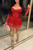 Red Sexy Solid Mesh Square Collar Long Sleeve Two Pieces