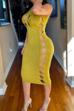 Yellow Sexy Solid Hollowed Out Turtleneck Pencil Skirt Dresses