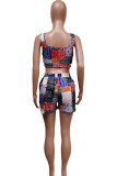 Red Blue Casual Print Patchwork U Neck Two Pieces