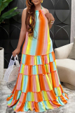 Orange Casual Striped Split Joint Halter Cake Skirt Dresses