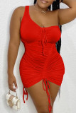 Red Sexy Solid Patchwork Fold Oblique Collar Dresses