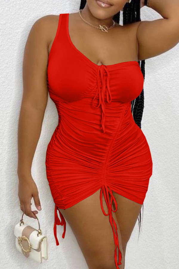 Red Sexy Solid Patchwork Fold Oblique Collar Dresses