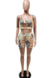 Red Blue Casual Print Patchwork U Neck Two Pieces