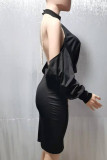 White Elegant Solid Patchwork Backless Pearl One Step Skirt Dresses