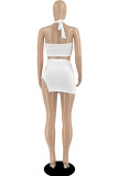 White Fashion Sexy Solid Hollowed Out Split Joint Backless Strapless Sleeveless Two Pieces