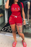 Red Fashion Casual Letter Print Ripped O Neck Short Sleeve Two Pieces