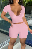 Light Pink Sexy Casual Solid Patchwork U Neck Short Sleeve Two Pieces