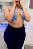 Blue Fashion Sexy Solid Hollowed Out Chains O Neck Tops