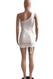 Red Sexy Solid Patchwork Fold Oblique Collar Dresses