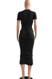 Rose Red Sexy Solid Patchwork Fold O Neck One Step Skirt Dresses