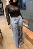 Grey Casual Street Solid Hollowed Out Patchwork Zipper Boot Cut High Waist Speaker Solid Color Bottoms