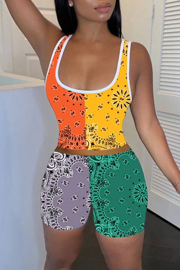 Tangerine Casual Print Patchwork U Neck Sleeveless Two Pieces