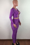 Purple Fashion Sexy Solid Bandage Hollowed Out O Neck Long Sleeve Two Pieces