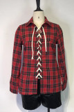 Red Sexy Plaid Print Bandage Hollowed Out Split Joint Turndown Collar Tops