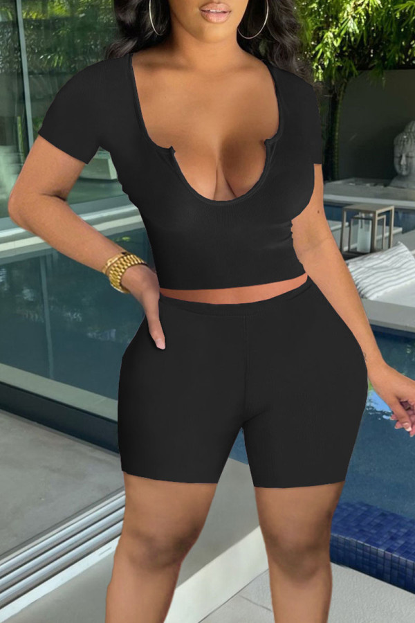 Black Sexy Casual Solid Patchwork U Neck Short Sleeve Two Pieces