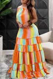 Rainbow Color Sexy Print Patchwork Backless Halter A Line Dresses