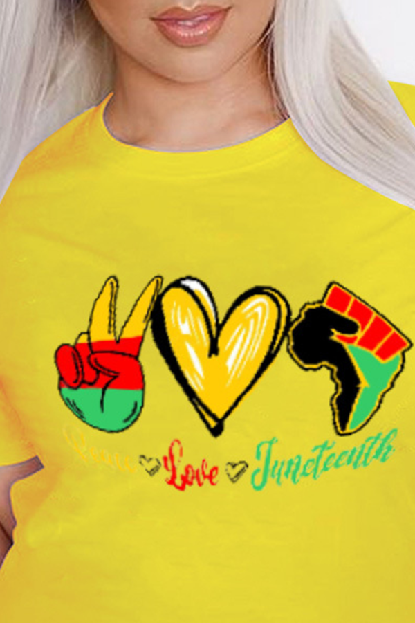 Yellow Casual Print Patchwork O Neck T-Shirts