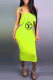 Fluorescent Green Fashion Casual Print Letter Strapless One Step Skirt Dresses