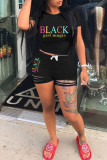 Red Fashion Casual Letter Print Ripped O Neck Short Sleeve Two Pieces