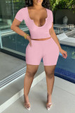 Light Pink Sexy Casual Solid Patchwork U Neck Short Sleeve Two Pieces