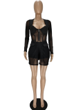 Black Sexy Solid Mesh Square Collar Long Sleeve Two Pieces
