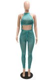 Green Fashion Sexy Print Draw String Frenulum See-through O Neck Sleeveless Two Pieces