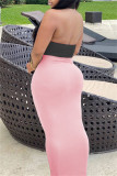 Pink Sexy Casual Patchwork Solid Hollowed Out Backless Halter Strapless Dress
