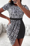 Light Pink Casual Elegant Print Patchwork Asymmetrical O Neck One Step Skirt Dresses
