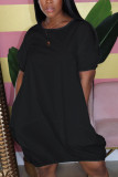 Black Casual Bubble sleeves Short Sleeves O neck Lantern skirt Knee-Length Solid Dresses