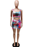 Red Blue Casual Print Patchwork U Neck Two Pieces