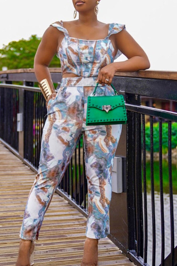 Blue Casual Print Patchwork Flounce Asymmetrical Sleeveless Two Pieces