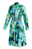 Green Fashion Casual Print Basic Turndown Collar Long Sleeve Dresses